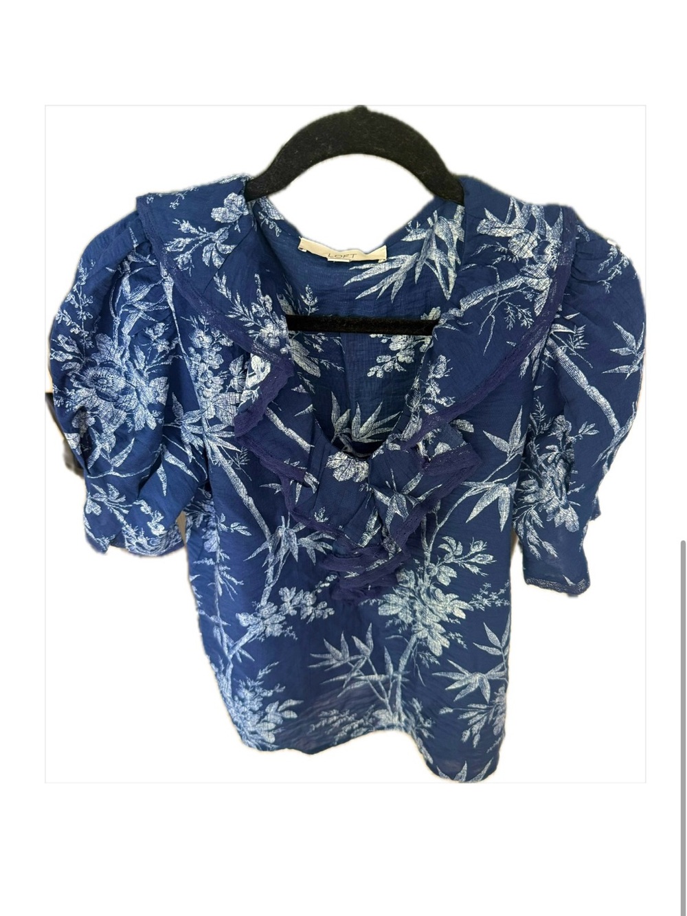 LOFT Black and White Floral Ruffle-Front Short Sleeve Blouse